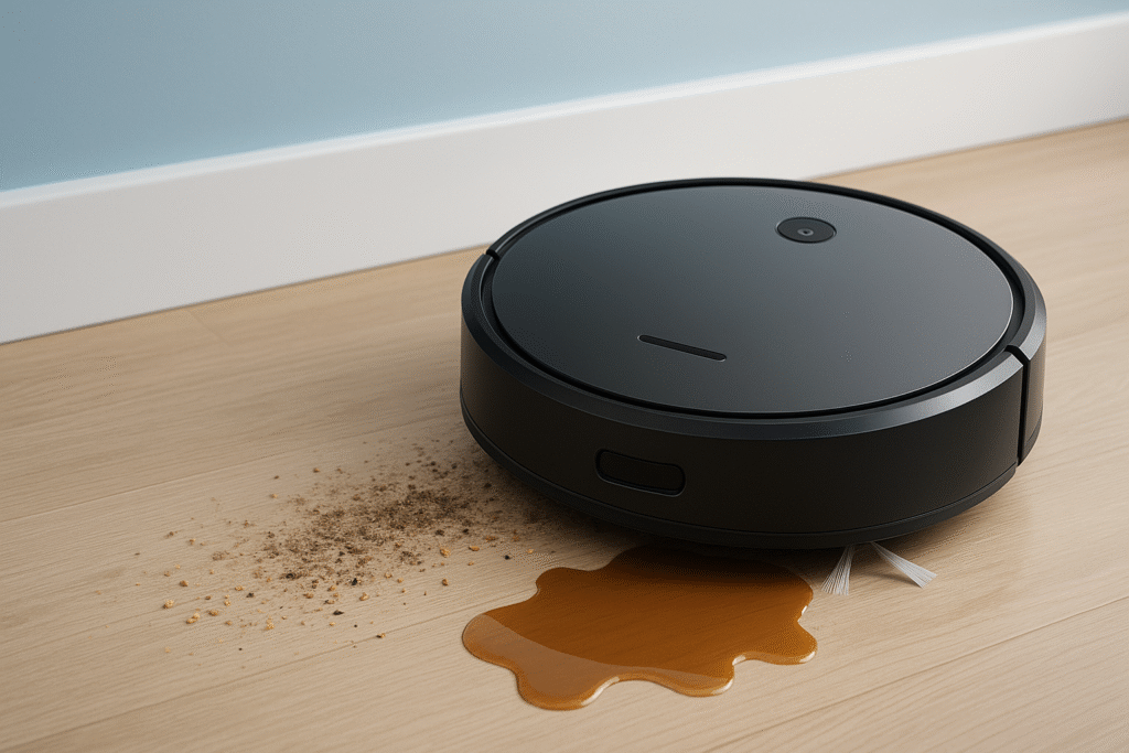 Robô aspirador e sugador de líquidos limpando o chão